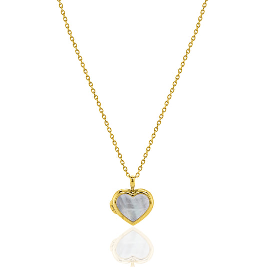 A gold heart-shaped pendant necklace with a white mother-of-pearl inlay, suspended from a delicate gold chain against a white background with a soft reflection below.