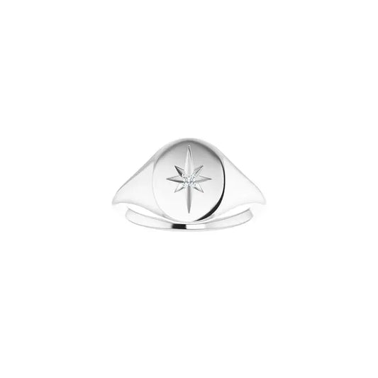 Signet Ring Oval Sunburst in white gold, front view