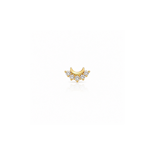 Gold earring with a crescent moon design on a white background