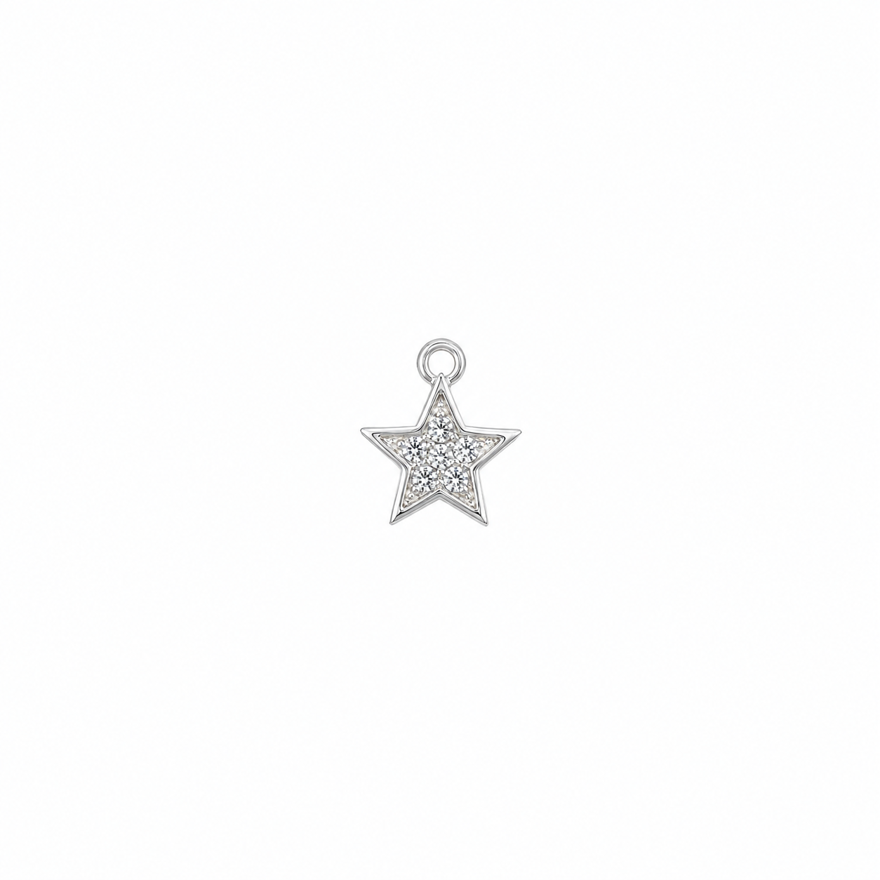 A silver five-pointed star charm embellished with small clear stones, centered on a plain white background.