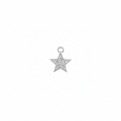 A silver five-pointed star charm embellished with small clear stones, centered on a plain white background.