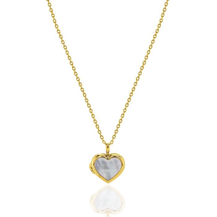 A gold heart-shaped pendant necklace with a white mother-of-pearl inlay, suspended from a delicate gold chain against a white background with a soft reflection below.