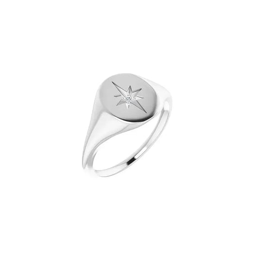 Signet Ring Oval Sunburst in white gold, angled view