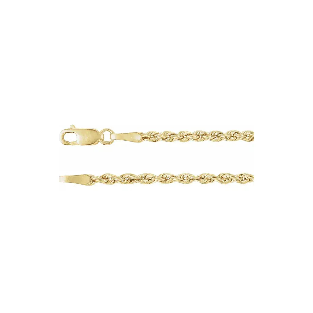 Close-up of the Christine Necklace 14k yellow gold rope chain and lobster clasp