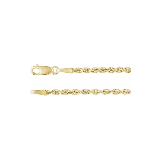 Close-up of the Christine Necklace 14k yellow gold rope chain and lobster clasp