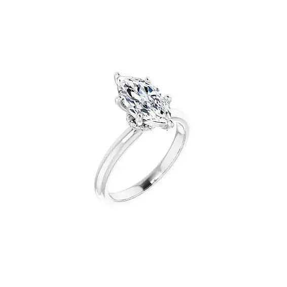Hidden Halo with marquise centre stone in white gold, angled view