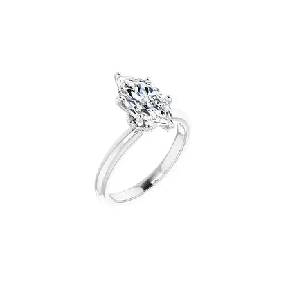 Hidden Halo with marquise centre stone in white gold, angled view