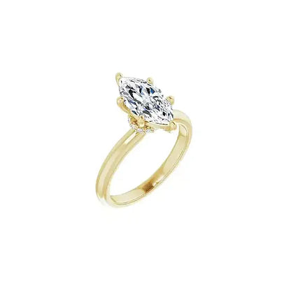 Hidden Halo with marquise centre stone in yellow gold, angled view