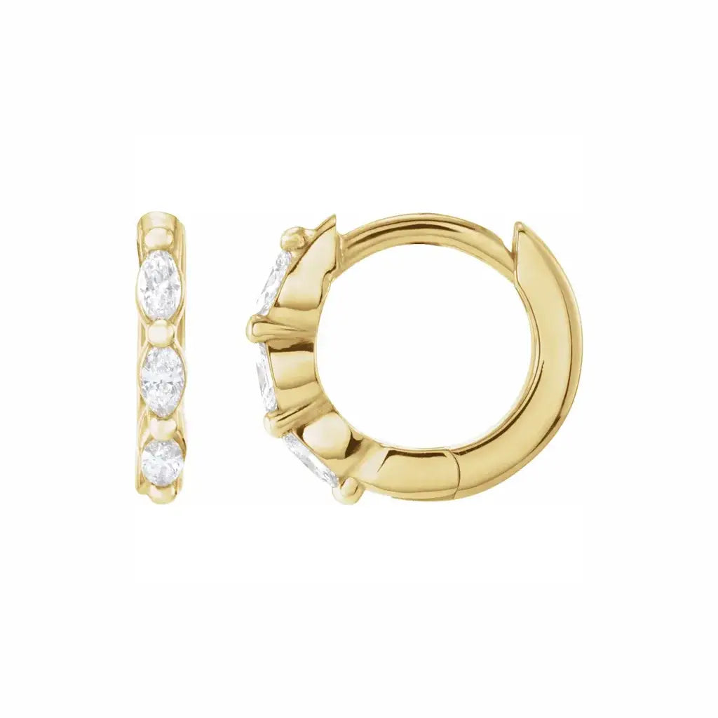Marquise Huggies in yellow gold, front and side view