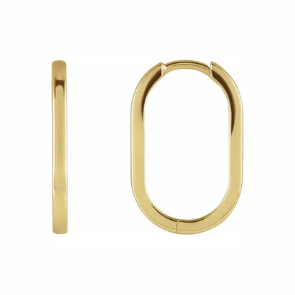 Oval huggies in yellow gold, front and side view