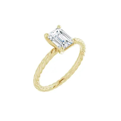 Rope Band twisted solitaire setting in 18k yellow gold, shown with an emerald-cut centre stone, angled view