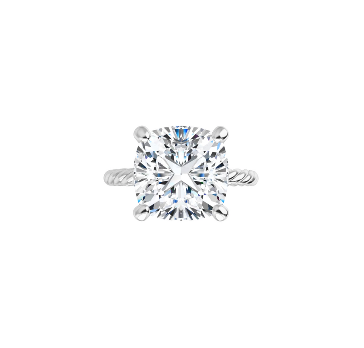 Rope Band twisted solitaire setting in white metal, shown with a cushion-cut centre stone