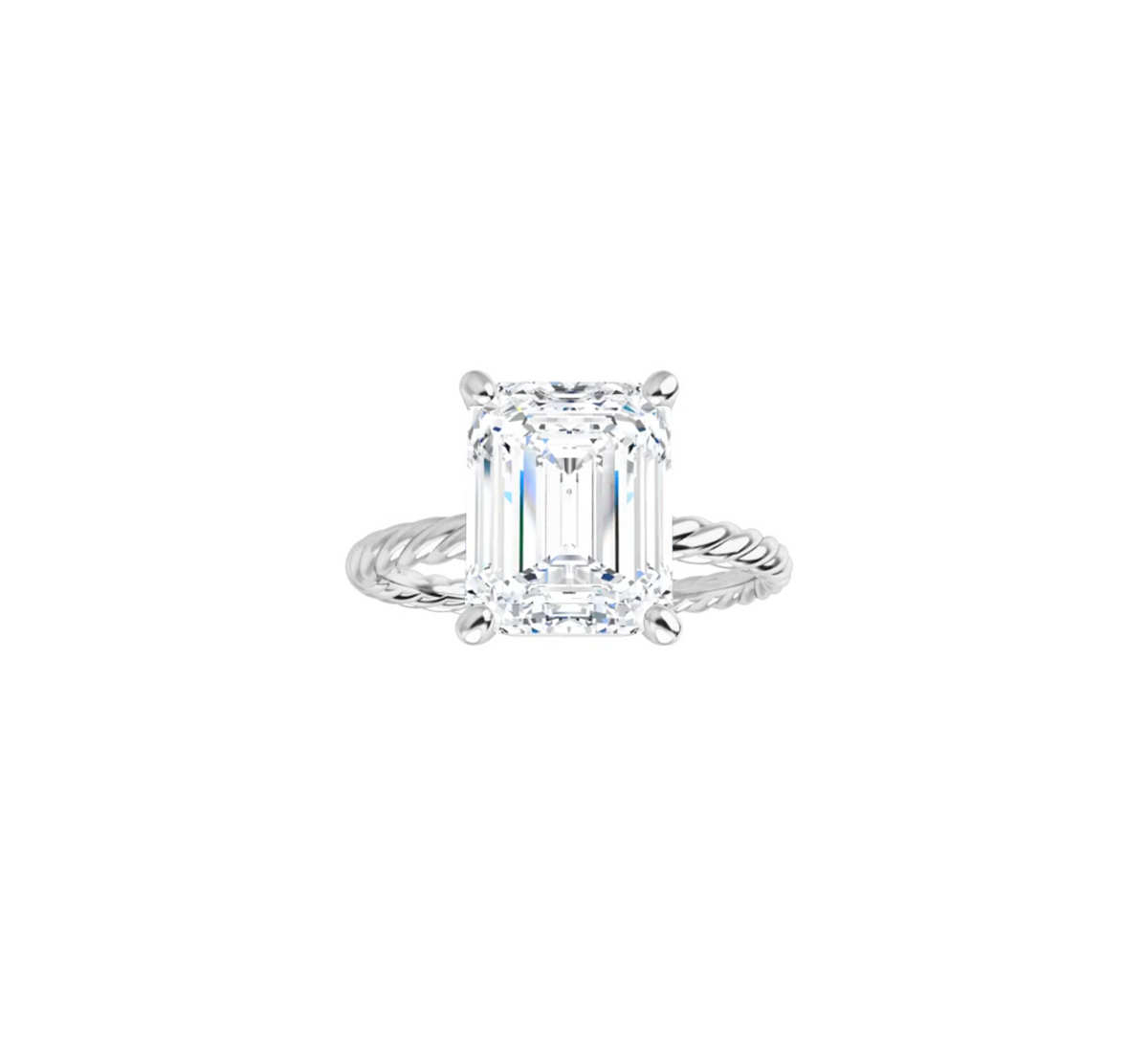 Rope Band twisted solitaire setting in white metal, shown with an emerald-cut centre stone