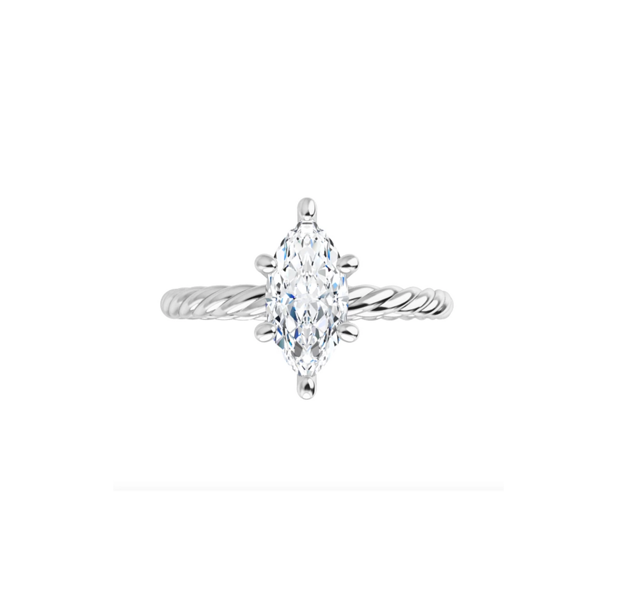Rope Band twisted solitaire setting in white metal, shown with a marquise centre stone