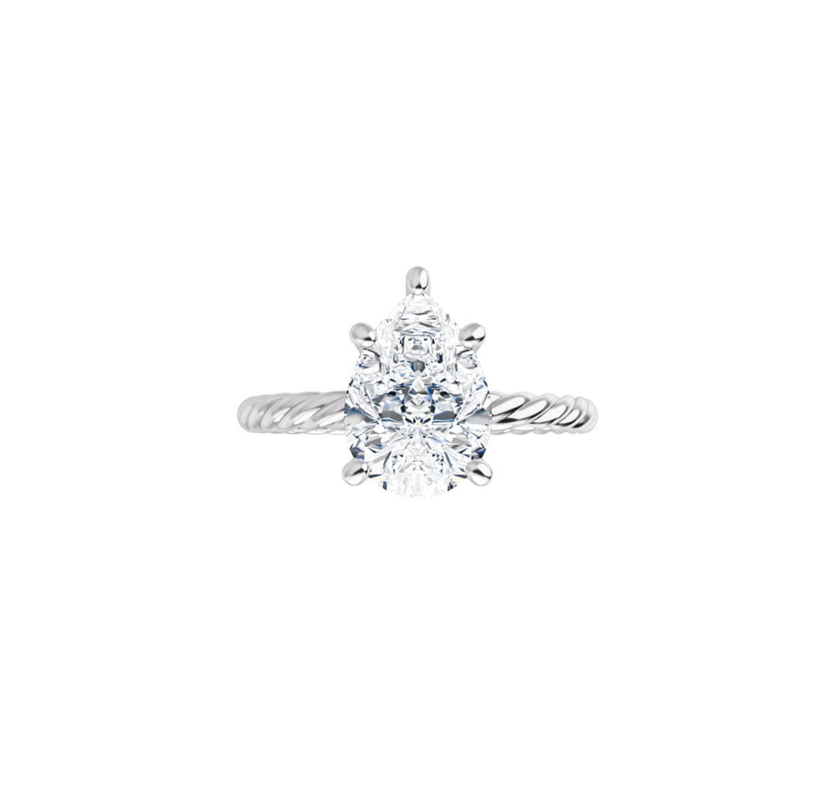 Rope Band twisted solitaire setting in white metal, shown with a pear-shaped centre stone