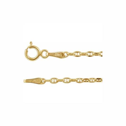 Close-up of the Taylor Bracelet 14k yellow gold anchor chain and spring ring clasp