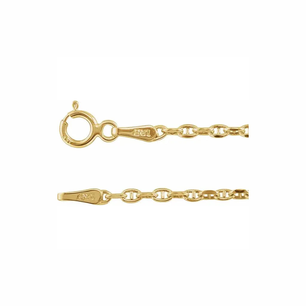 Close-up of the Taylor Necklace 14k yellow gold anchor chain and spring ring clasp