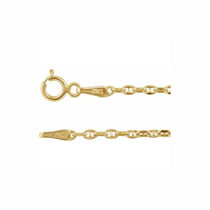 Close-up of the Taylor Necklace 14k yellow gold anchor chain and spring ring clasp