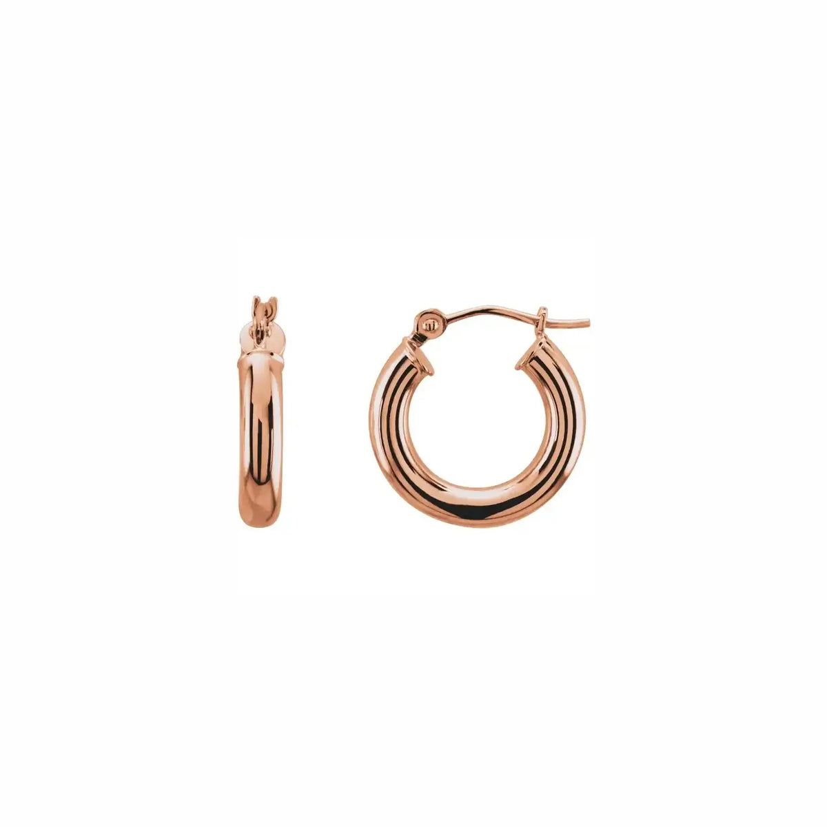 Ultra light tube hoops in rose gold, front and side view