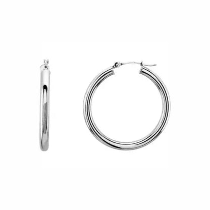 Ultra light tube hoops in white gold, front and side view